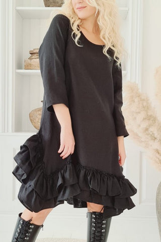 Ruffle and pearl linen dress, black