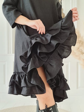 Ruffle and pearl linen dress, black