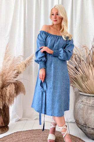 Amalfi linen dress, denim blue